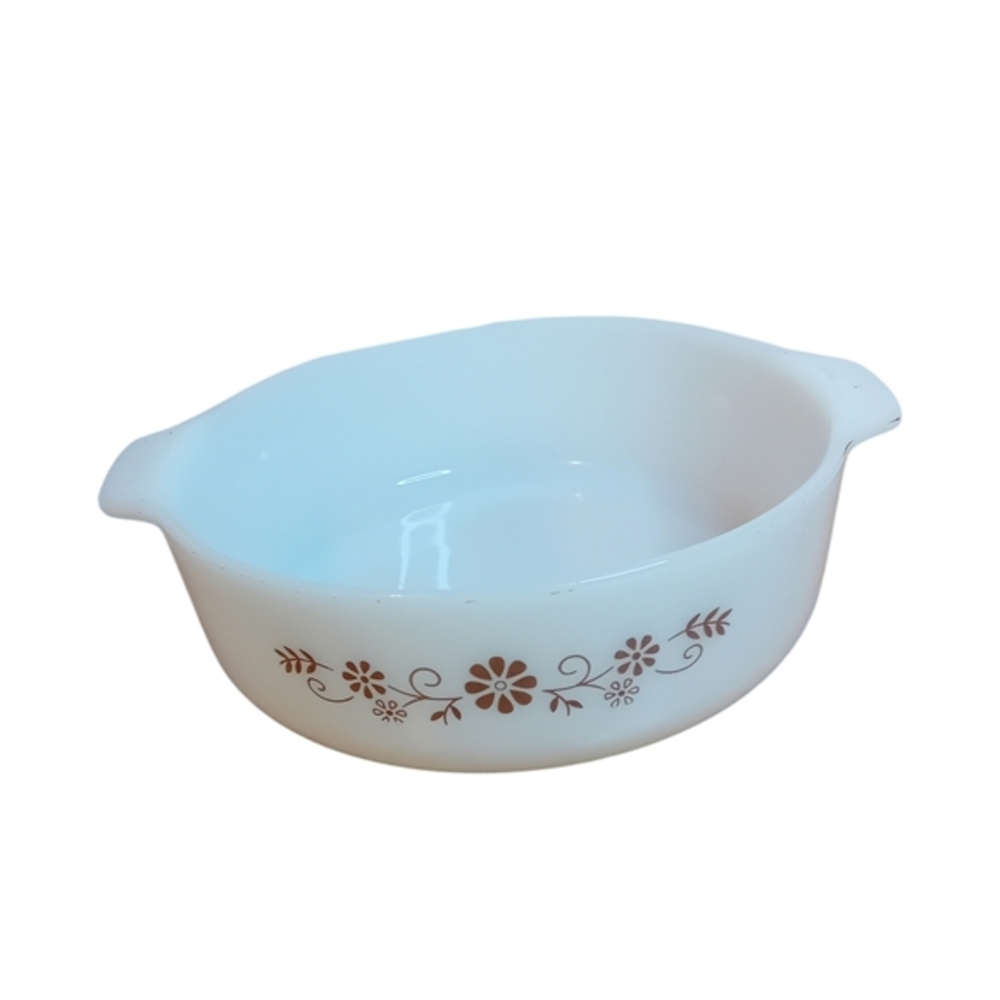 Vintage Dynaware 1960s Round Milk Glass Casserole Dish In Brown Daisy Cottage 8"